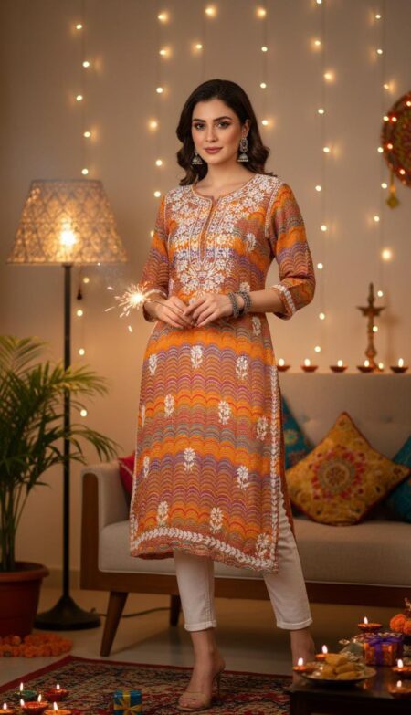 Orange Chikankari Multi Color Cotton Printed Kurta