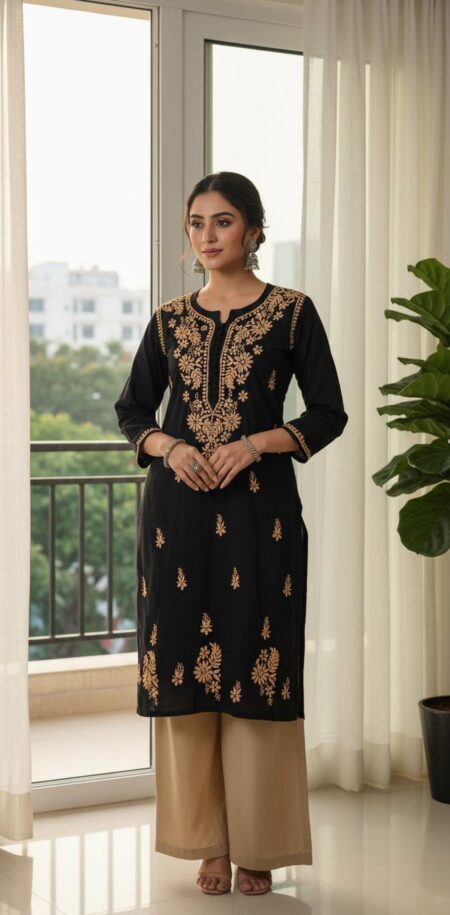 Chikankari Cotton Kurta With Golden Embroidery