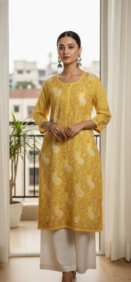 Chikankari Voile Cotton Jaal Work Kurta Shadow Work