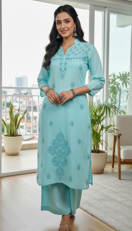 Ferozi Blue Chikankari Voile Cotton Plus Size Kurta With Mukaish Work