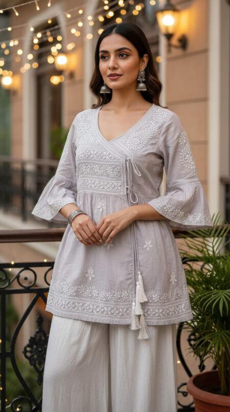 Grey Chikankari Mulcotton Angrakha Style Top