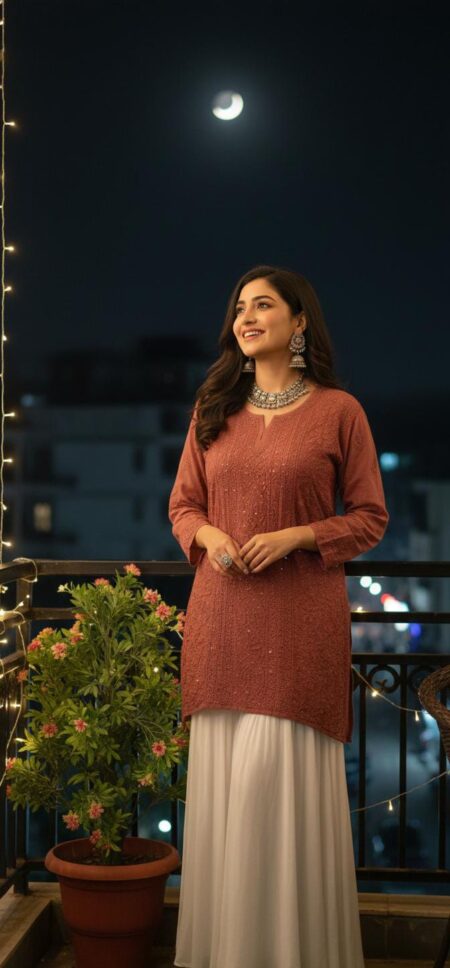 Brown Chikankari Viscose Shadow Work Top With Tikli Mukaish