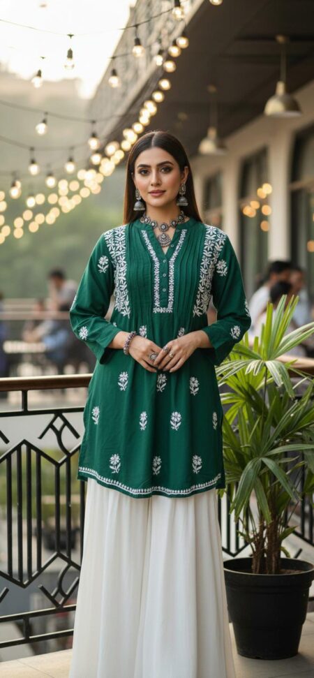 Bottle Green Chikankari Modal Cotton Pintex Shirt