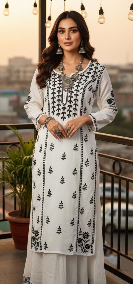 White Chikankari Black Embroidery Muslin 3 Panel Kurta