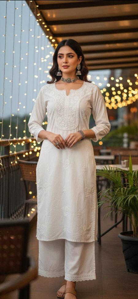 White Chikankari Cotton Neck Lace Work Kurta