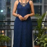 Navy Blue Chikankari Viscose Noodle Strap Kurta With Mukaish Work