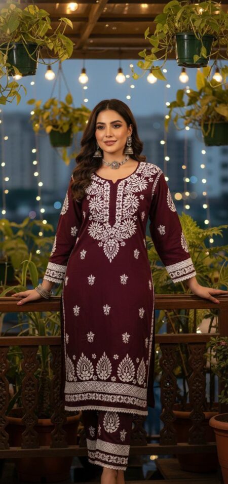 Wine Chikankari Modal Cotton Border Lace Kurta Pant Set