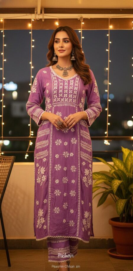 Chikankari ModalCotton Lace Work 3 Panel Kurta Pant Set