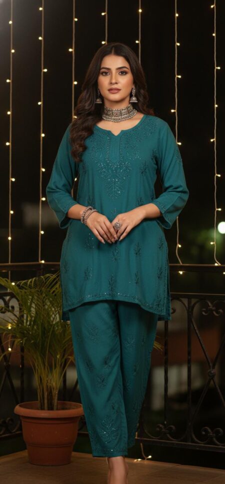 Chikankari Modal Cotton Co-Ord Set With Mukaish Work