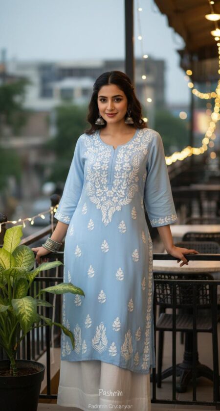 Powder Blue Chikankari Modal Cotton Long Kurta