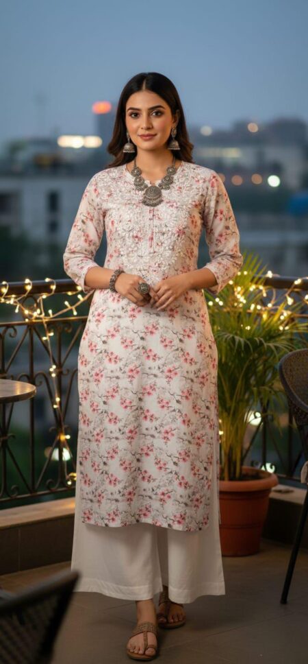 Off White Chikankari Cotton Pink Print Kurta