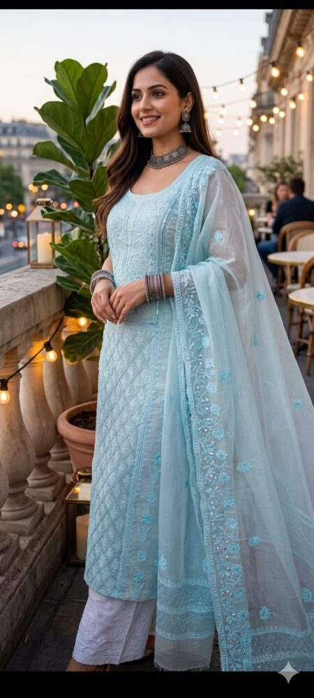 Blue Chikankari Unstitched Kota Kurta And Dupatta With Sequins Katdana And Pearl Work