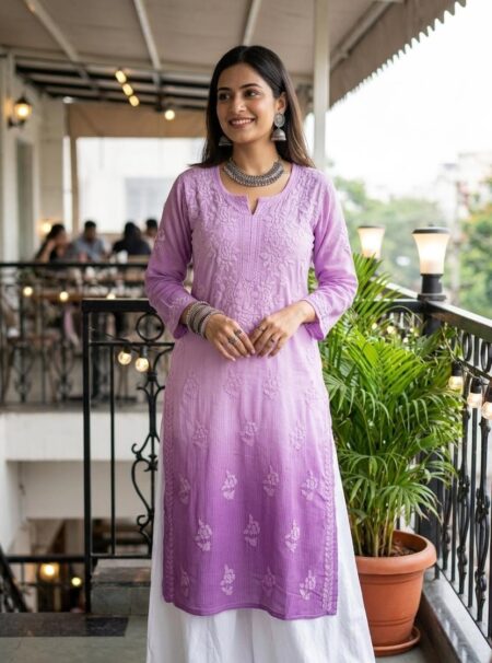 Lotus Pink Chikankari Ombre Tone To Tone Kota Kurta
