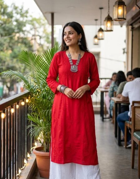 Maroon Chikankari Tone To Tone Angrakha Style Cotton Kurta