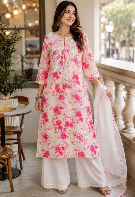 Pink Chikankari Printed Mulcotton Kurta