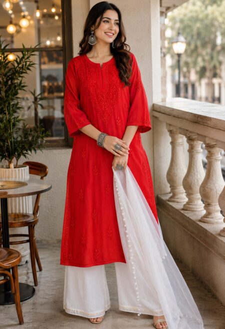 Orangish Red Chikankari Modal Dobby Tone To Tone Cotton Kurta