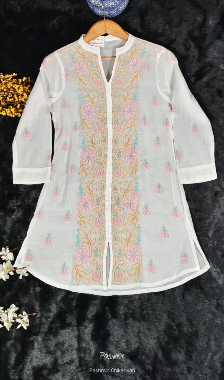 White Chikankari Mulchanderi Beige Bel Embroidery Top