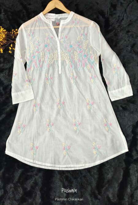 White Chikankari Mulchanderi Multi Embroidery Ghaaspatti Top