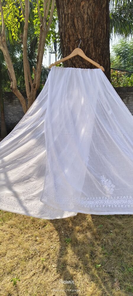 White Chikankari Cotton Mukaish Work Dupatta With Border Lace Work