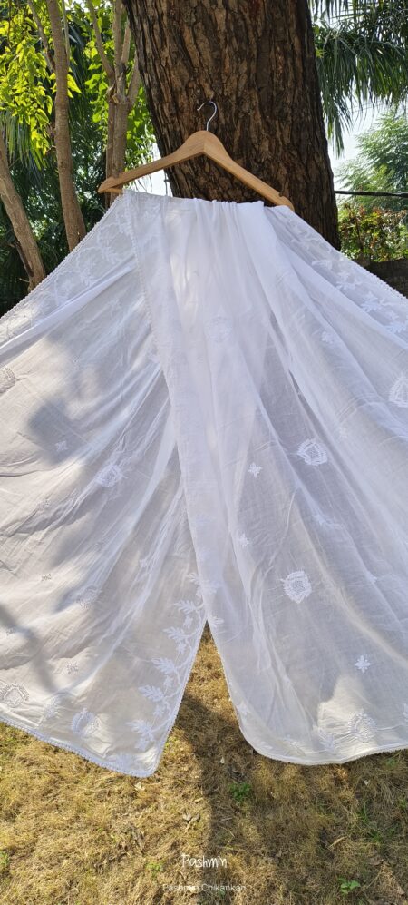 White Chikankari Cotton Applique Work With Lace Border Dupatta