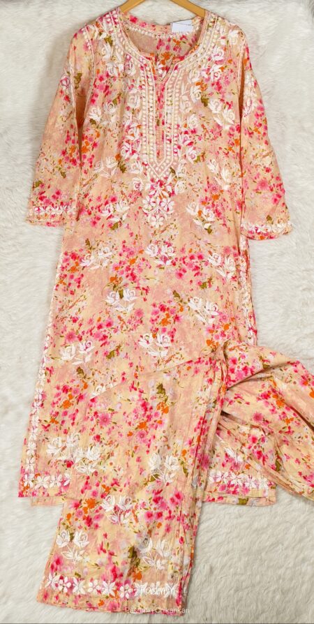 Pink Chikankari Modal Cotton Multi Printed Kurta Pant Set
