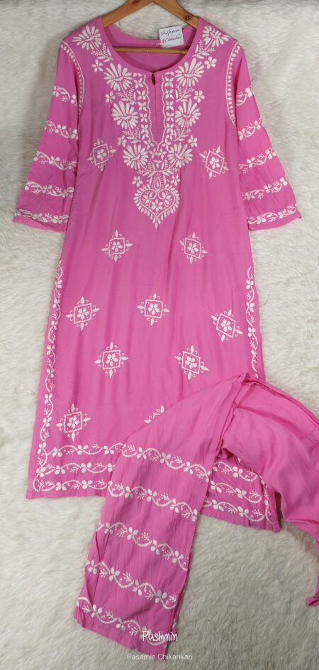 Lotus Pink Chikankari Modal Cotton Layer Kurta Pant Set