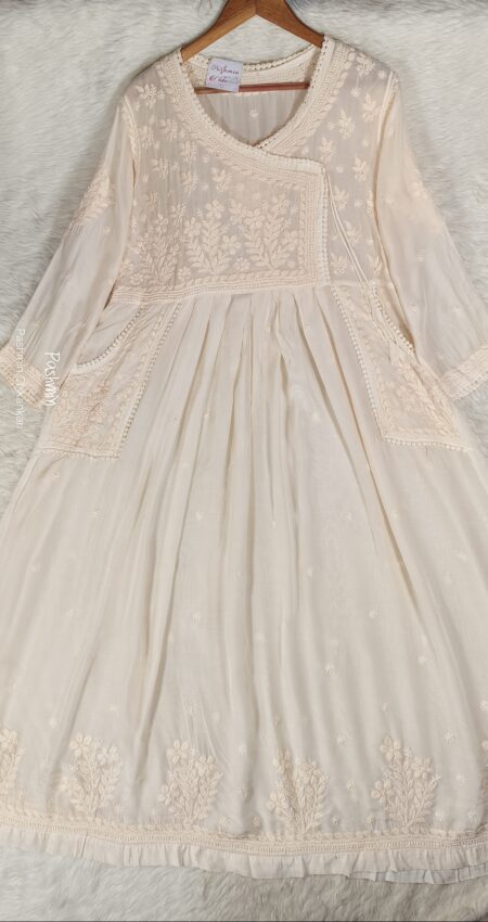 Cream Chikankari 3D Work Modal Cotton Neck Lace Work Angrakha Style Gown