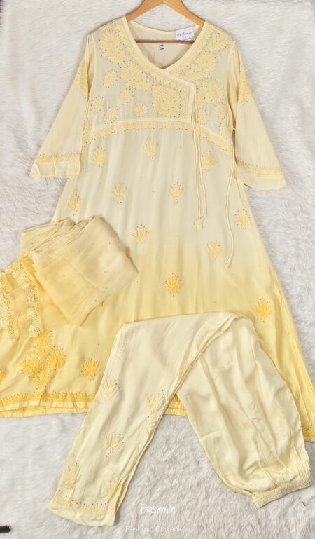 Yellow Chikankari Muslin Tone To Tone Ombre Shade Angrakha Style 3 piece Set With Mukaish Work