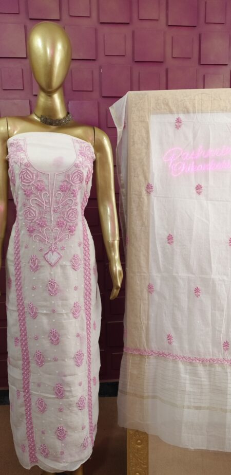 Chikankari Mulchanderi Kurta Dupatta Unstitched Set With Pearl Work And Cutdana