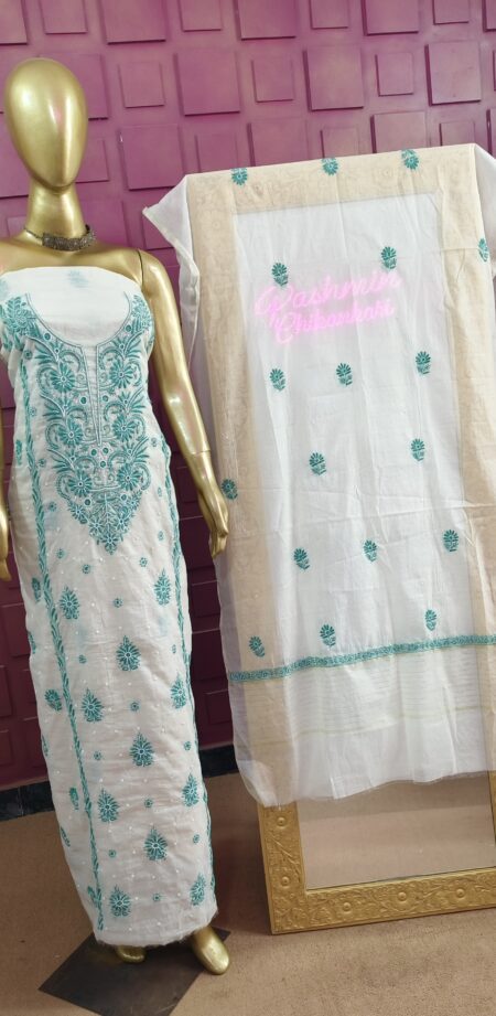 Sea Green Chikankari Mulchanderi Kurta Dupatta Unstitched Set With Pearl Work And Cutdana