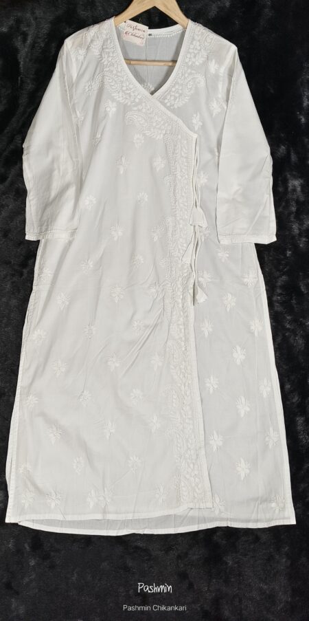 White Chikankari Cotton Angrakha Kurta