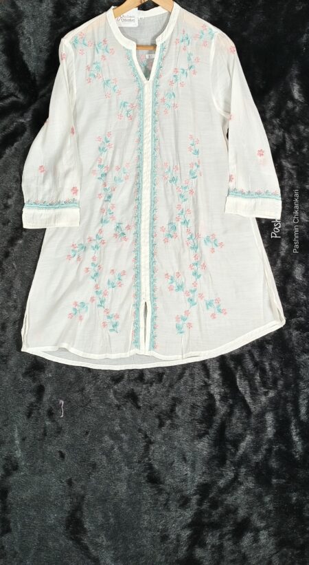 White Chikankari Mulchanderi Sea Green Pink Embroidery Top