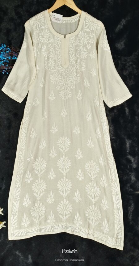 Off White Chikankari Modal Cotton Golden Sequins Work Kurta