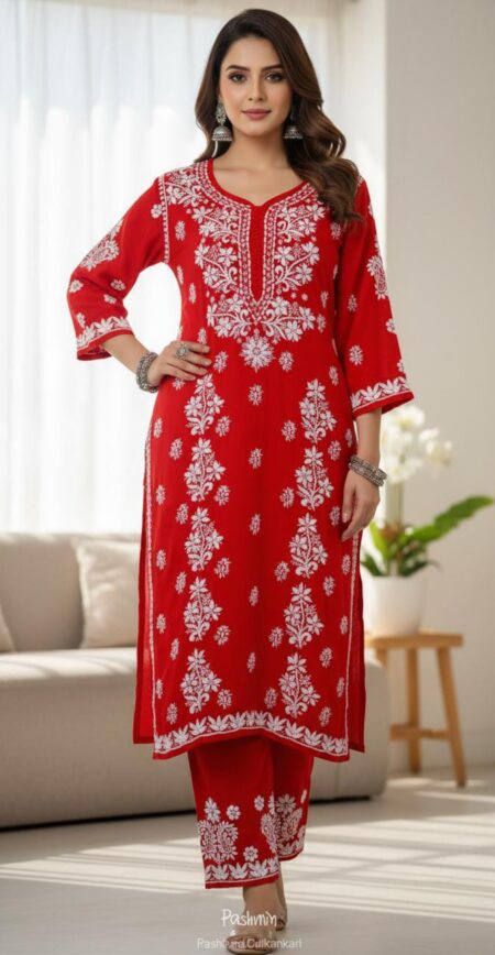 Chikankari Modal Cotton 3 Panel Kurta Pant Set