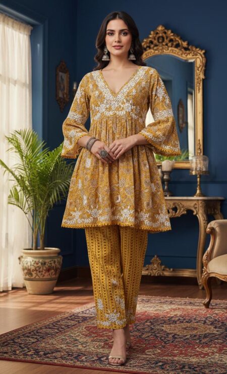 Yellow Chikankari Mulcotton Printed Co-Ord Set
