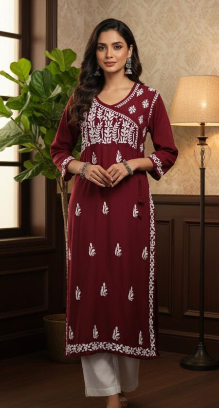 Chikankari Modal Cotton Plus Size Angrakha Style Kurta