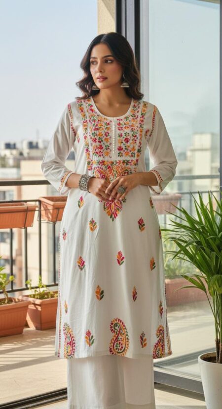 White Chikankari Cotton Multi Embroidery Kurta