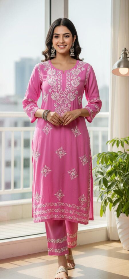 Lotus Pink Chikankari Modal Cotton Layer Kurta Pant Set