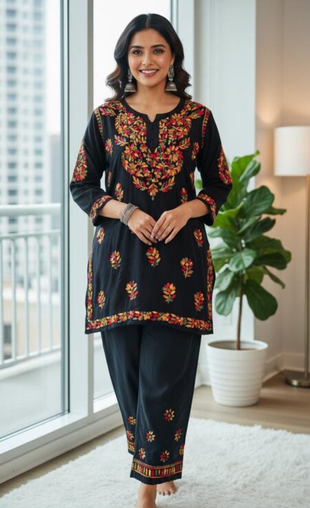 Black Chikankari Multi Color Thread Modal Cotton Co-Ord Set