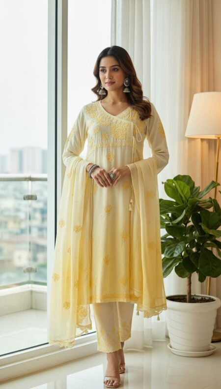 Yellow Chikankari Muslin Tone To Tone Ombre Shade Angrakha Style 3 piece Set With Mukaish Work