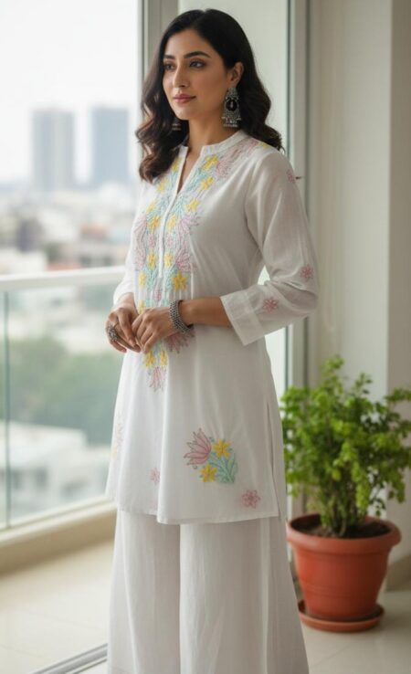White Chikankari Mulchanderi Lotus Emboridery Top