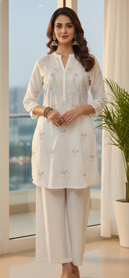 White Chikankari Mulchanderi Blue Orange Embroidery Shirt