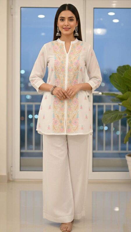 White Chikankari Mulchanderi Beige Bel Embroidery Top