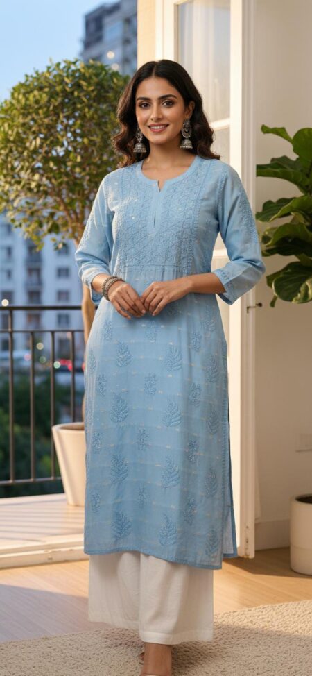 Chikankari Chanderi Tone To Tone Ombre Shade Banarsi Weave Kurta