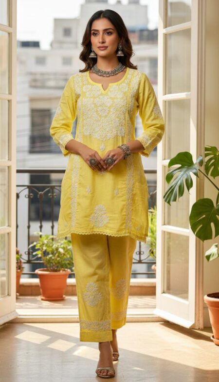 Chikankari 3D Work Linen Cotton Co-Ord Set