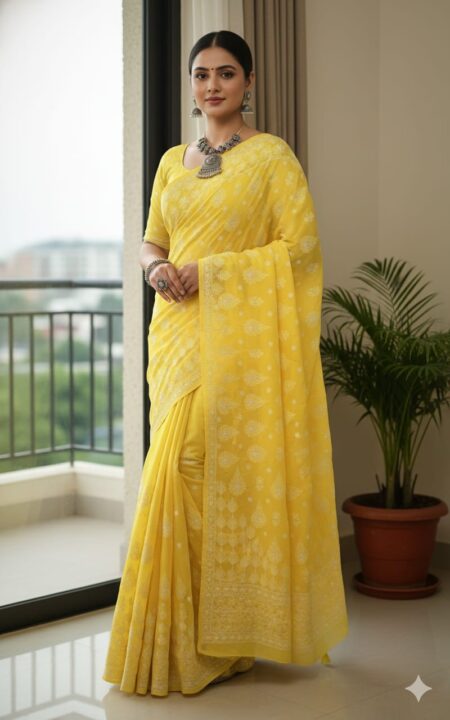 Yellow Chikankari Fine Shadow Work Cotton Saree