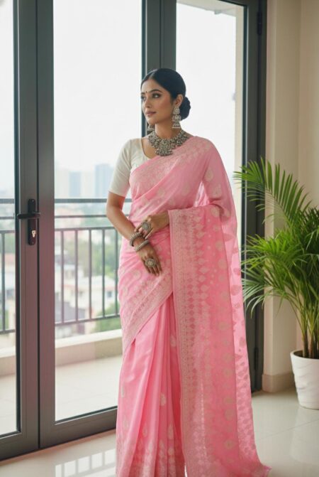 Pink Chikankari Fine Shadow Work Cotton Saree