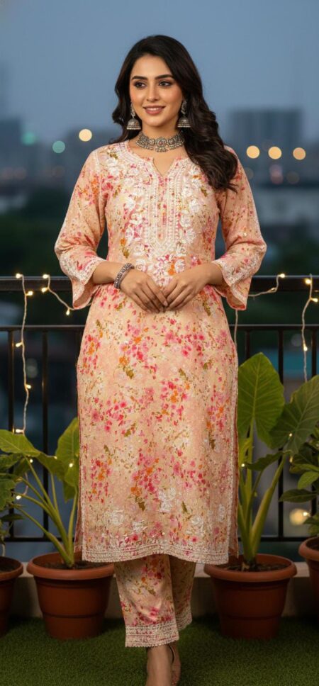 Pink Chikankari Modal Cotton Multi Printed Kurta Pant Set