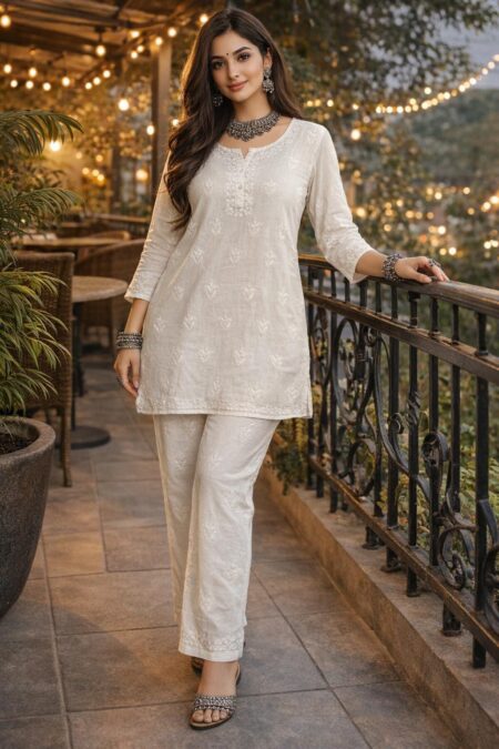 White Chikankari 3D Work Linen Cotton Co-Ord Set