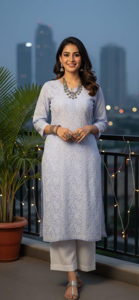 Purple Chikankari Voile Cotton 3 Panel Shadow Work Kurta